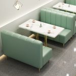 Custom light green upholstered restaurant booth sofa with white marble dining table for commercial cafe - Maylo Furniture