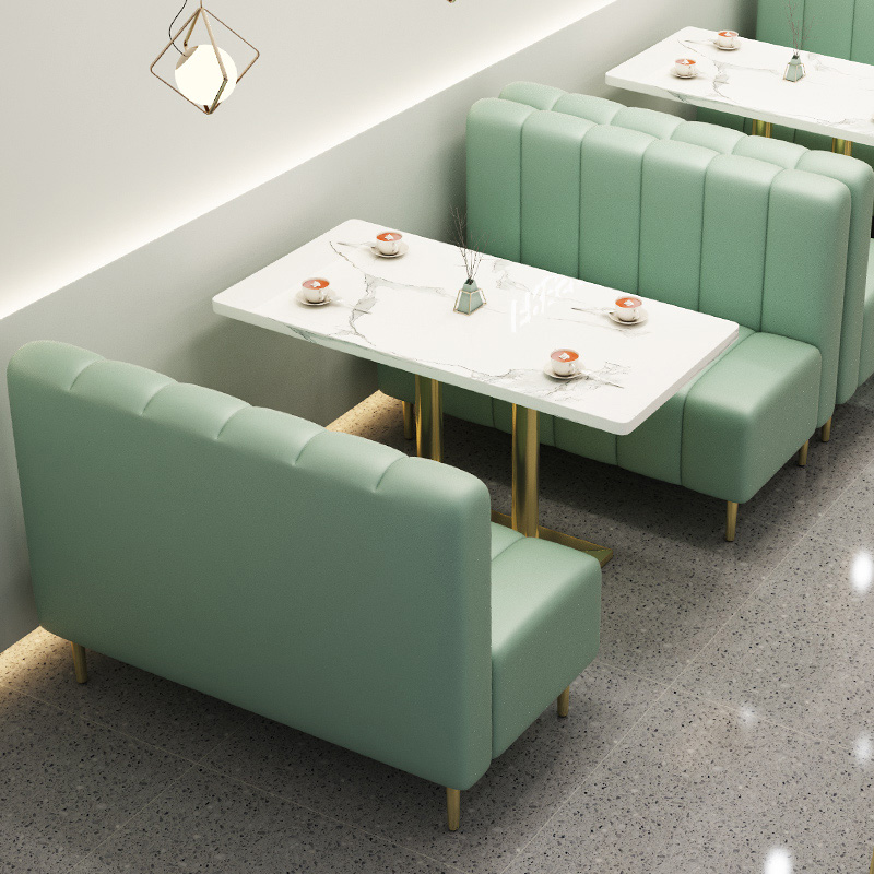 Custom light green upholstered restaurant booth sofa with white marble dining table for commercial cafe - Maylo Furniture