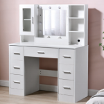 Modern white vanity dressing table with lighted mirror and storage drawers for bedroom interior - Maylo Furniture