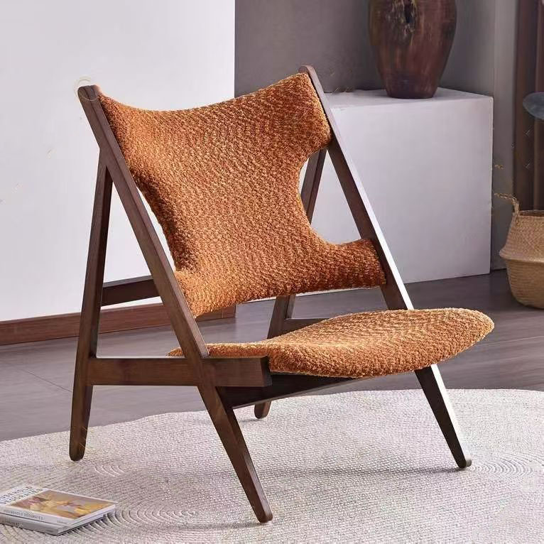 Mid-Century Modern Caramel Bouclé Slipper Lounge Chair Mid-century modern style caramel bouclé fabric retro slipper lounge chair with wooden frame - Maylo Furniture