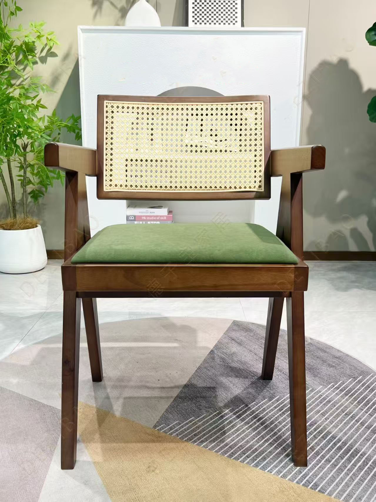 Modern Rattan Armchair with Green Seat Modern rattan armchair with solid wood frame and green upholstered seat for hotel - Maylo Furniture
