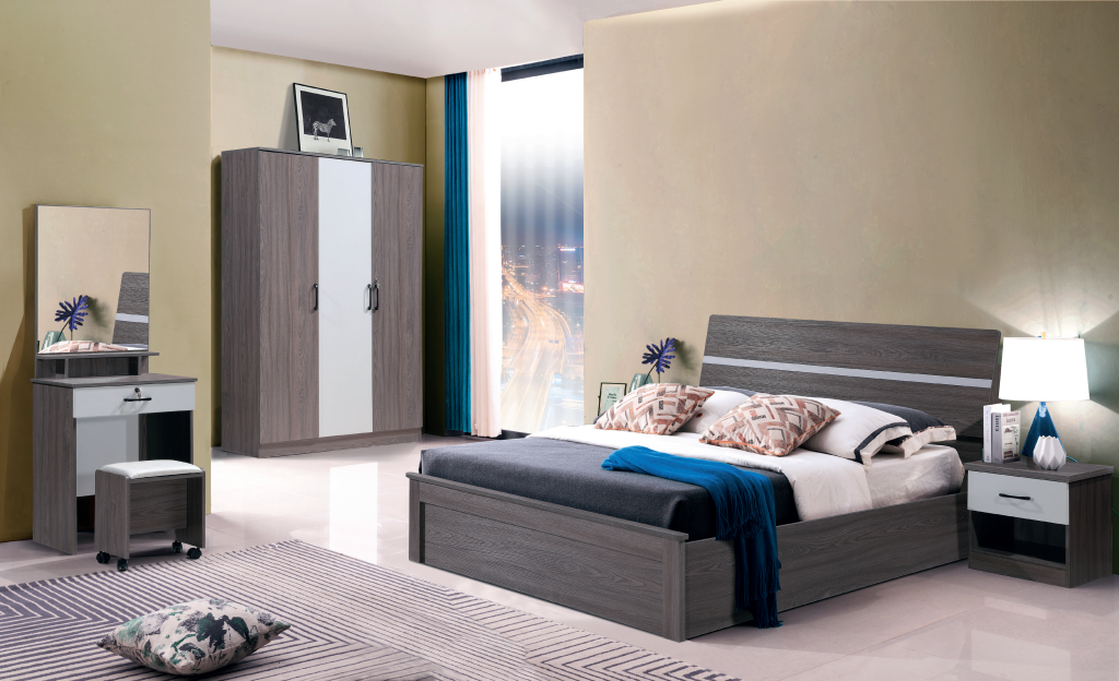 Modern minimalist bedroom furniture set featuring a wood grain finish bed frame, wardrobe, and vanity table - Maylo Furniture