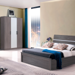 Modern minimalist bedroom furniture set featuring a wood grain finish bed frame, wardrobe, and vanity table - Maylo Furniture