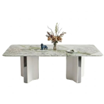 Luxury rectangular sintered stone dining table with unique patterned top and modern sculptural pedestal base with metal accents - Maylo Furniture