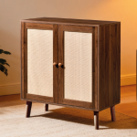 Modern wooden storage cabinet with rattan door panels and tapered legs for living room or bedroom furniture - Maylo Furniture