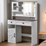 Modern white wooden vanity table with lighted mirror and storage cabinet for bedroom furniture - Maylo Furniture