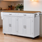 White kitchen island cart with wooden countertop and storage cabinets for home kitchen organization - Maylo Furniture