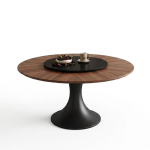 Modern round wooden dining table with central rotating turntable and sleek trumpet pedestal base for contemporary dining rooms - Maylo Furniture
