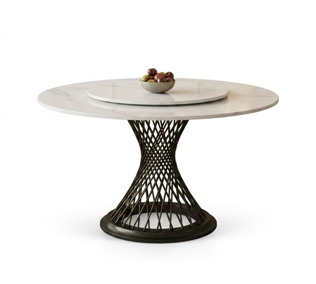 Luxury round sintered stone dining table with central rotating turntable and artistic metal woven pedestal base for premium dining rooms - Maylo Furniture