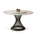 Luxury round sintered stone dining table with central rotating turntable and artistic metal woven pedestal base for premium dining rooms - Maylo Furniture