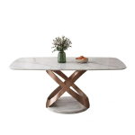 Luxury rectangular sintered stone dining table with artistic rose gold cross pedestal base for premium dining rooms and modern interiors - Maylo Furniture