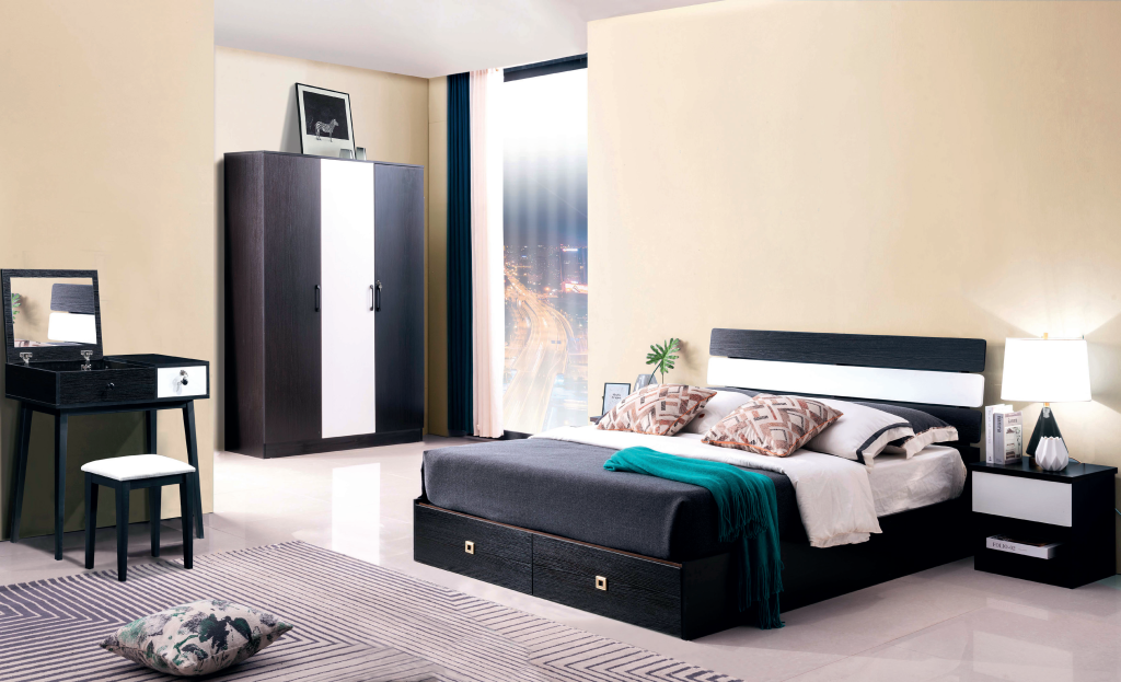 Modern minimalist bedroom furniture set with black and white finish, including bed, wardrobe, and vanity table - Maylo Furniture