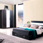Modern minimalist bedroom furniture set with black and white finish, including bed, wardrobe, and vanity table - Maylo Furniture