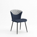 Minimalist navy blue upholstered dining chair with patterned backrest and black metal legs for restaurant - Maylo Furniture