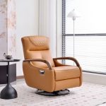 Elegant high back accent chair with wooden armrests modern luxury orange leather lounge seat - Maylo Furniture