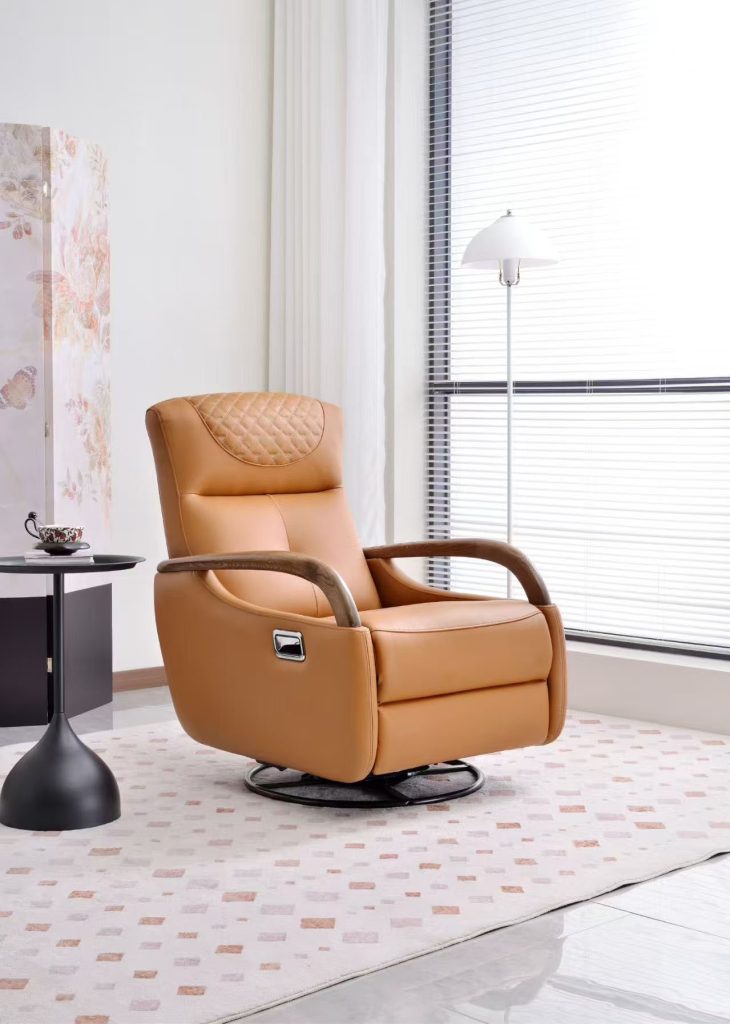 Elegant high back accent chair with wooden armrests modern luxury orange leather lounge seat - Maylo Furniture