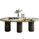 Luxury oval sintered stone dining table or conference desk with unique patterned top and modern fluted multi-pedestal base - Maylo Furniture