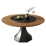 Modern round wooden dining table with central rotating turntable and geometric pedestal base for stylish dining rooms - Maylo Furniture
