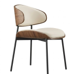 Mid-century modern dining chair with walnut veneer curved backrest, cream upholstered seat, and black metal legs - Maylo Furniture