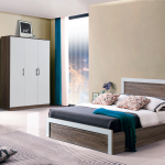 Modern minimalist bedroom set featuring wood grain bed frame, wardrobe, and vanity table for contemporary home decor - Maylo Furniture