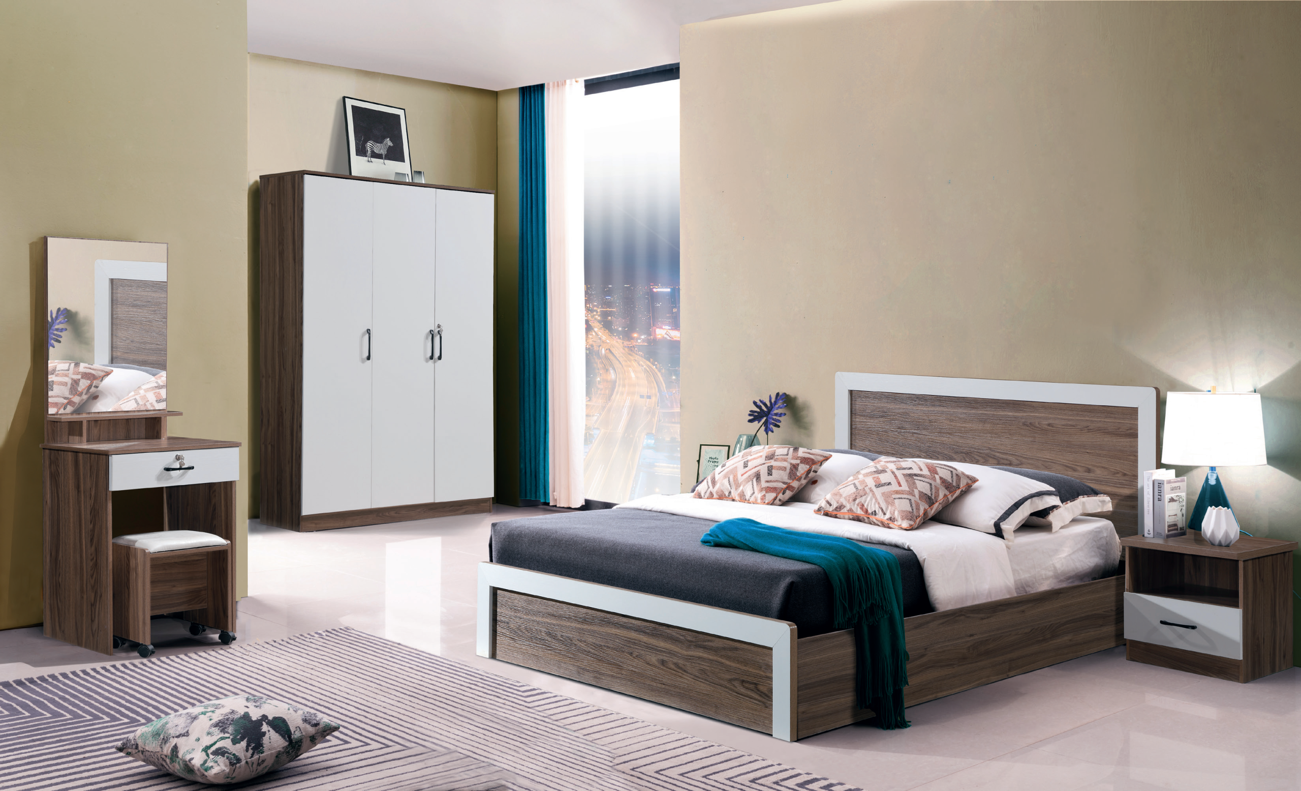 Modern Minimalist Wooden Bedroom Furniture Set Modern minimalist bedroom set featuring wood grain bed frame, wardrobe, and vanity table for contemporary home decor - Maylo Furniture