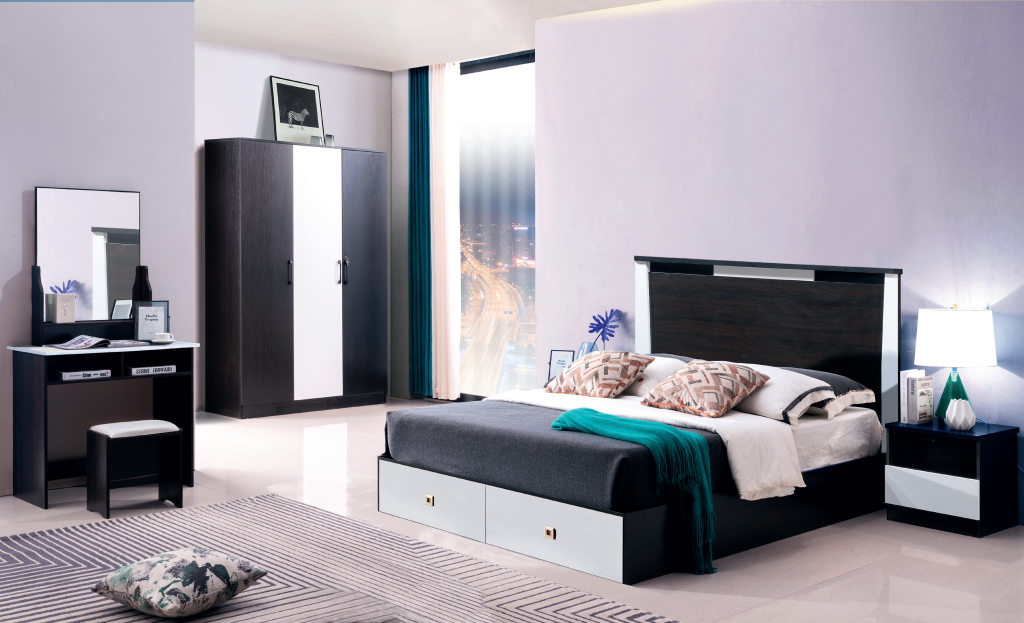 Modern minimalist black and white bedroom furniture set including bed, wardrobe, and vanity table - Maylo Furniture