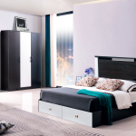Modern minimalist black and white bedroom furniture set including bed, wardrobe, and vanity table - Maylo Furniture
