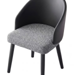 Minimalist modern dining chair with black curved backrest, grey fabric seat, and black legs for restaurant - Maylo Furniture