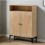 Modern wooden storage cabinet with rattan-style door panels and black metal legs for bedroom or living room - Maylo Furniture