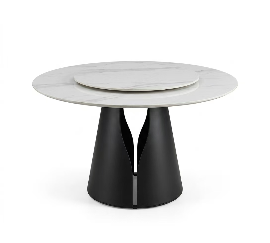 Modern round sintered stone dining table with central rotating turntable and artistic black geometric pedestal base for luxury dining rooms - Maylo Furniture