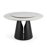 Modern round sintered stone dining table with central rotating turntable and artistic black geometric pedestal base for luxury dining rooms - Maylo Furniture