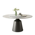 Modern round sintered stone dining table with central rotating turntable and minimalist black cone base for luxury dining rooms - Maylo Furniture
