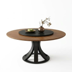 Modern round wooden dining table with rotating turntable and artistic black pedestal base for stylish dining rooms - Maylo Furniture