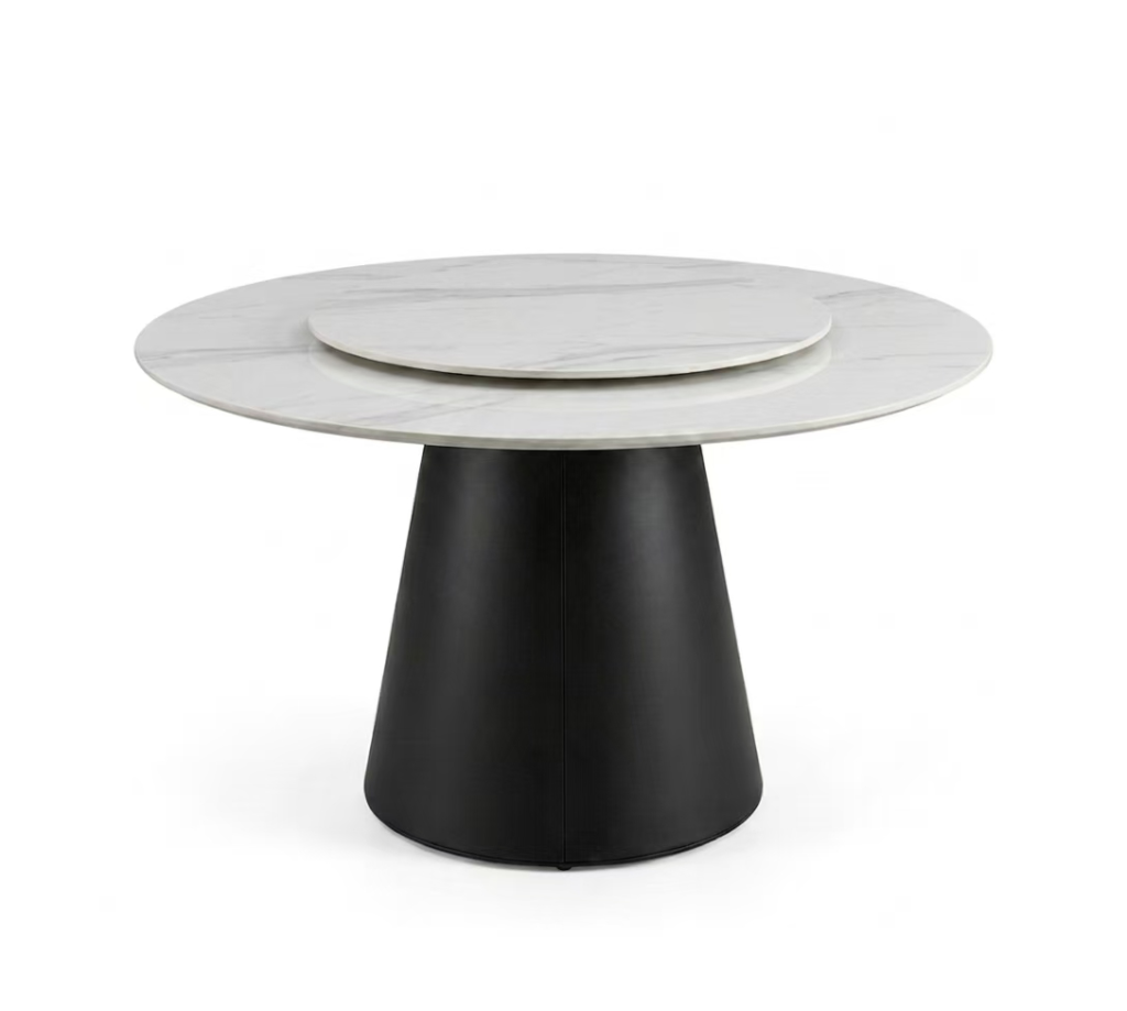 Premium round sintered stone top dining table with minimalist black base, suitable for modern dining rooms or conference areas - Maylo Furniture