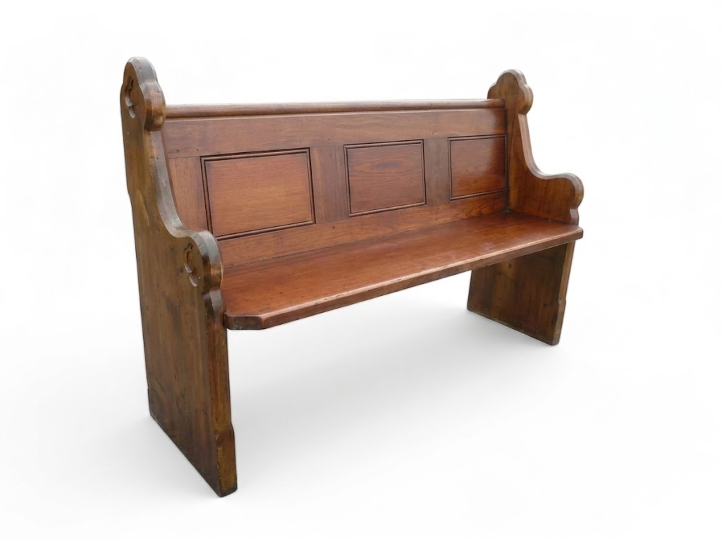 Custom solid wood church pew bench with traditional paneling and decorative carved ends - Maylo Furniture