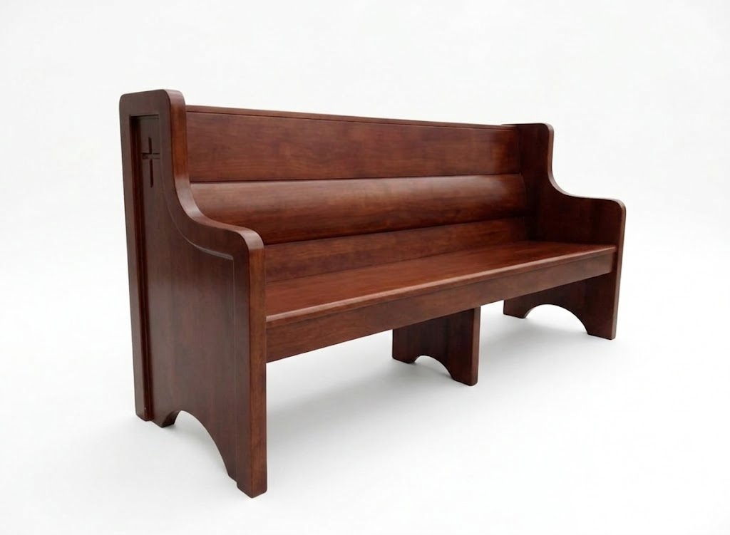 Custom solid wood church pew bench with carved ends and dark walnut finish - Maylo Furniture